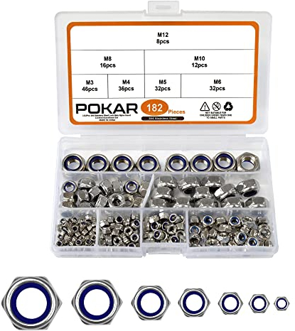 POKAR Écrou a Sertir Hexagonal Acier Écrou de Blocage Contre-Ecrou Boulon Visserie Écrou de Sécurité Autofreiné, 182 Pièces