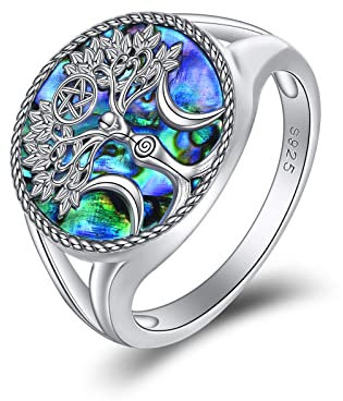 YAFEINI Triple Moon Goddess Rings Sterling Silver Pentagram Pentacle Ring Pagan Wiccan Magic Amulet Tree of Life Jewellery Gift for Women Men (8) (8)
