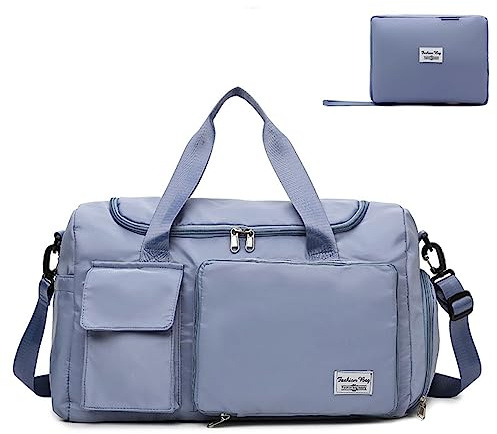 Vikbar resväska sportväska – semesterväska träningsväska handväska vattentät bastu gym shopping väska med skofack och våtfack för lätt yoga gym strand semester skola, blå, 50 x 28 x 25 cm, Klassisk