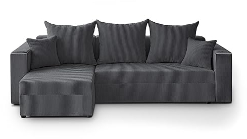 Mars Meble L-förmiges Lounge-Ecke Hamlet L-Form Corner Sofa aus Cordstoff universelle Schlafsofa inkl. Schlaffunktion Bettkasten, Farbe: Dunkelgrau
