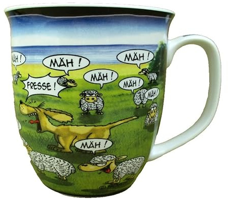 Witziger Becher Hund und Schafe Tasse Porzellan Inhalt 400ml Kaffeebecher mäh mäh Fresse Küste Urlaub
