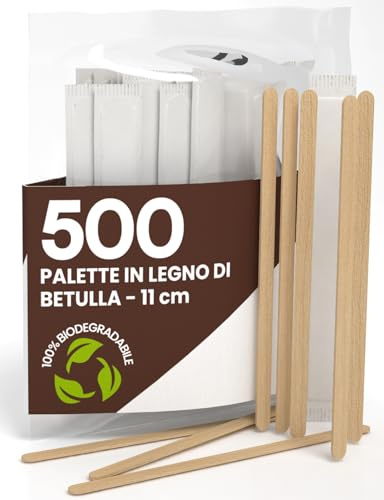 500 Palette Lunghe da Caffè e Cappuccino Monouso in Legno di Betulla da 11cm - Imbustate Singolarmente, Biodegradabili e Compostabili, Resistenti al Calore per Mescolare Caffè e Bevande