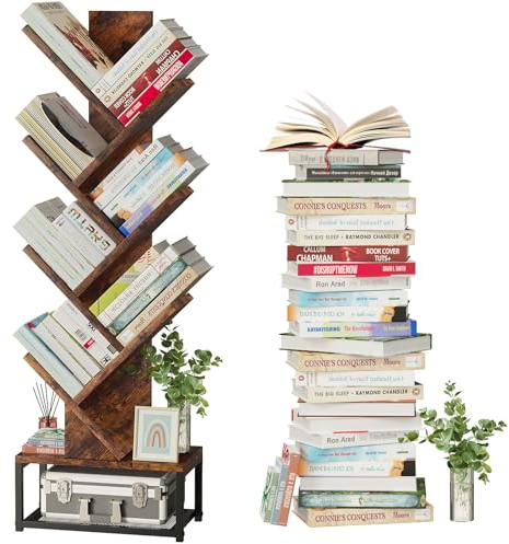 EasyCom Baum-Bücherregal, Metallsockel, 7 Etagen, Bücherregal, Aufbewahrung, bodenstehendes Bücherregal für Filme/CDs/Bücher, Holzbuchregal für Schlafzimmer/Wohnzimmer/Heimbüro (braun)