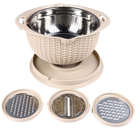 Scolapasta 4 in 1 con set di ciotole, filtri per alimenti e scolapasta per cucina, colino girevole per pasta e riso, colino da cucina, colino con coperchio, affettaverdure (Beige)