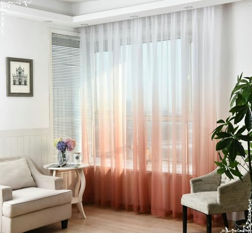 Homxi Vorhang Transparent Wohnzimmer 2er Set,2 x 102W x 138H cm,Vorhang Transparent Orange Rot Verlaufsfarbe Vorhänge Wohnzimmer Haken