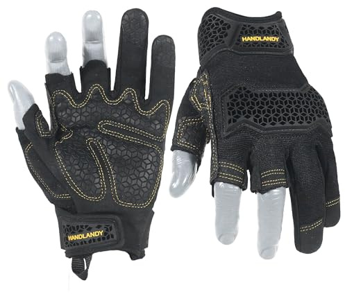 HANDLANDY Fingerless Work Gloves, Men Women Padded Half Finger Framer Mechanic Construction Carpentry Working Gloves (Smoky Black, M)