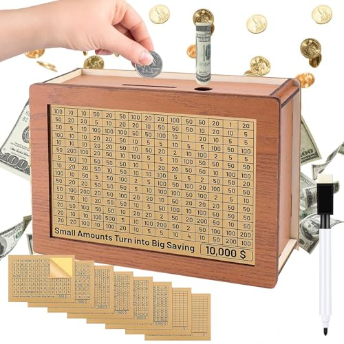 Cash Vault Wooden Savings Box, Wooden Cash Saver Money Box with 10000 Dollars Target and Numbers, Coin Counter Piggy Bank with Marker Pen for Boys Girls(10000 USD)