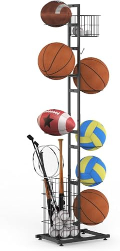 petour 7 Tier Ball Storage Rack Ball Organiser Football Stand with Basket | Removable Basketball Display Holder Ball Display Shelf Sports Equipment Organiser for Garage Basketball Football Volleyball