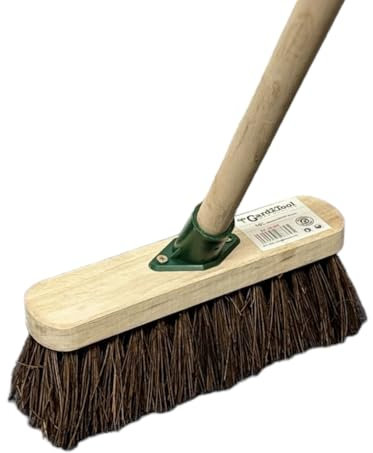10” STIFF Broom Indoor with Wooden Handle Natural Bassine Bristles Sweeping Brush with Durable Support Bracket for Cleaning Any Surface Wooden Floor Decking and Paving Slabs