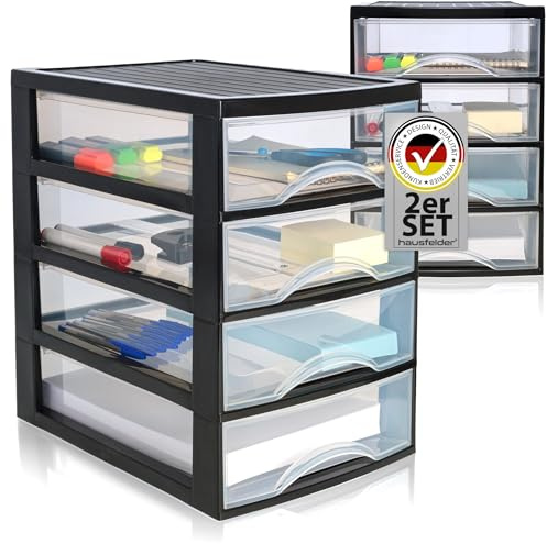 Hausfelder Schubladenbox A4, 4 Schubladen, Schwarz Transparent