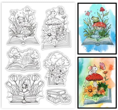 GLOBLELAND Buch Landschaft Transparente Silikonstempel Märchen Pilz Klare Stamps Dame Wasserfall Silikonstempel Für Kartengestaltung DIY Prägung Journaling