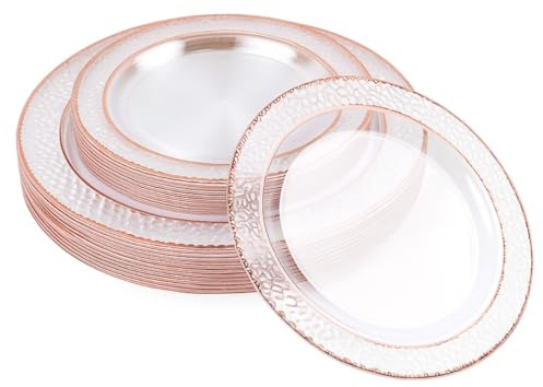 MATANA 40 Premium Reusable Plastic Plates with Hammered Rose Gold Rim - 20 x 26cm, 20 x 19cm - Hard Plastic Party Plates for Weddings, Birthdays, Christmas, Parties