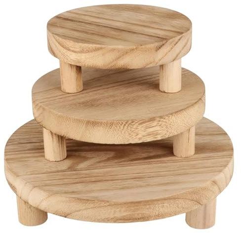 Bodhi2000 Taburete redondo decorativo para macetas de pie bajo, soporte de madera para tazas de café, maceta, pedestal, 3 piezas/juego de elevadores de plantas de flores con base estable, color madera