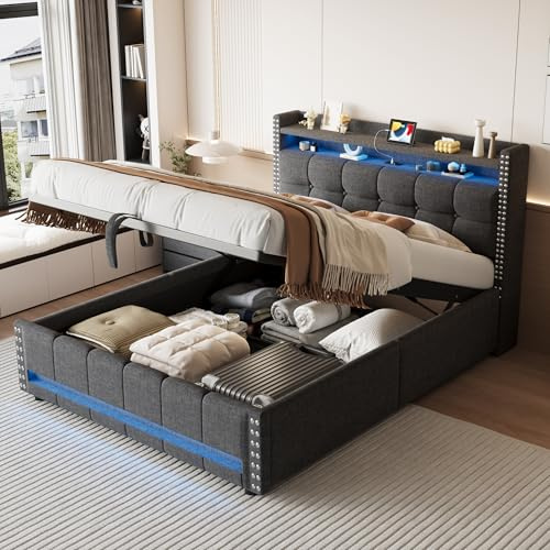 Gegtuon Polsterbett Bett 140x200 cm mit USB-LED-Licht, Doppelbett mit Hydraulisch Stauraum Underbett und Kopfteil, Stauraumbett Gästebett Jugendbett Möbel mit Lattenrost, ohne Matratze, Leinen, Grau