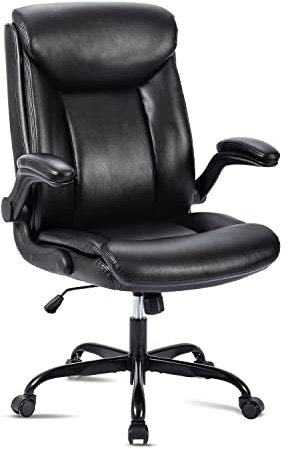 PUFAHAU Ergonomischer Chefsessel aus PU-Leder mit höhenverstellbarer Dreh- und hochklappbarer Armlehne, bequemer Schreibtischstuhl für Home-Office-Gaming, Schwarz