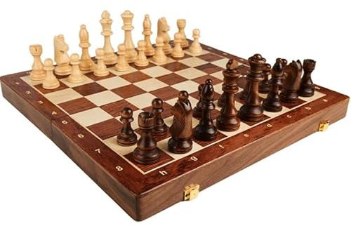 Top-Grade Wooden Chess Set - Folding Walnut Chessboard with Solid Wood Pieces, Classic Handcrafted Board Game for Adults & Kids, Traditional