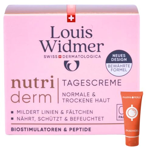 Louis Widmer nutriderm Tagescreme unparfümiert 1x 50 ml I Anti-Ageing Pflege für normale und trockene Haut I mit Hyaluron, Shea Butter und Feuchtigkeitsspendern I Spar-Set plus Pharma Perle give-away