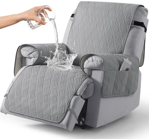 KinCam Waterproof Recliner Chair Cover, Armchair Slipcover with Elastic Straps & Side Pocket, Anti Slip Couch Cover Sofa Protector for Dogs & Pets, Washable Armchair Cover 1 Seater, Light Grey