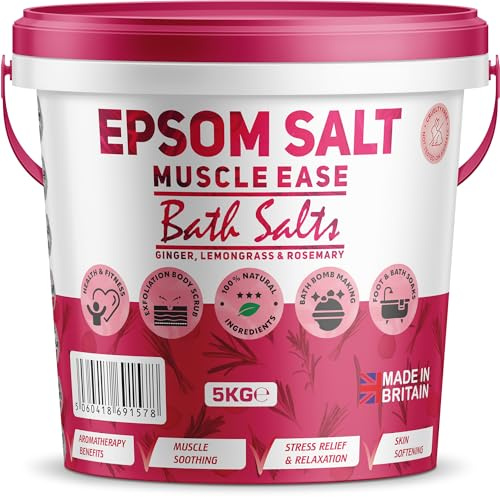Scented Epsom Bath Salts 5kg Infused with Muscle Ease Essential Oil, 100% Natural Mineral Salts - Supports Sleep and Relieves Aching Muscles Magnesium Sulphate Foot Soak Bath Epsom Salt