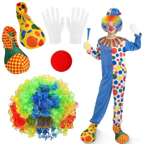 Hpbaggy 4 Pezzi Accessori Costume Clown, Costume da Pagliaccio Set per Adulti, Parrucca Riccia da Clown, Naso da Pagliaccio, Scarpe da Clown, Guanti Bianchi, per Halloween Cosplay Carnevale