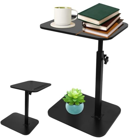 Mesa auxiliar en forma de C, giratoria 360° y altura ajustable, mesa de sofá, mesa de café negra para espacios estrechos, con ranura para teléfono y tableta, mesa pequeña para salón, dormitorio