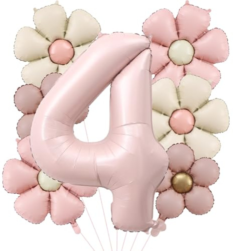 DazzJoy Geburtstagsdeko 4 Jahre Mädchen mit Gänseblümchen Folienballon, Luftballon 4. Geburtstag Mädchen, Luftballons Geburtstag 4 Jahre Mädchene, Helium Ballon 4 Rosa für Kindergeburtstag Deko