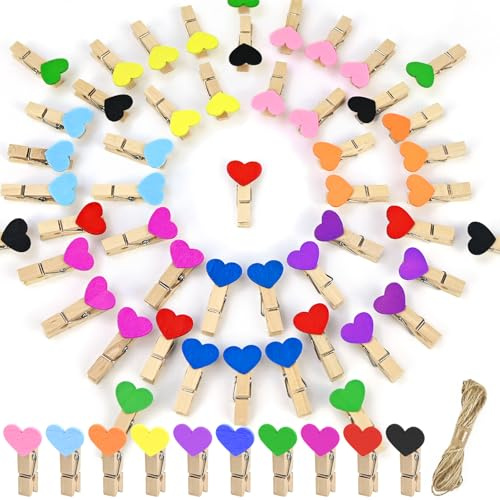 qingmeng Holzklammern Klein, 50 Stück Mini Wäscheklammern Holz Bunt Herz, 3.5cm Kleine Klammern für Fotos Aufhängen Fotoseil mit Klammern, Kleine Wäscheklammern Holz für Bilder Collagen Postkarten Fo