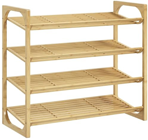 HOMCOM Étagère à Chaussures à 4 Niveaux, Rangement Chaussures 12 Paires au Design à Lattes, pour entrée, Placard, en Bambou, 76 x 33 x 67 cm, Effet Bois Naturel