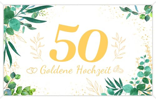 Goldene Hochzeit Deko Hintergrund 50 Jahre – Elegantes Jubiläumsbanner mit Eukalyptus-Design, Weiß-Gold Deko Goldene Hochzeit 50 für Wand, Garten und Party