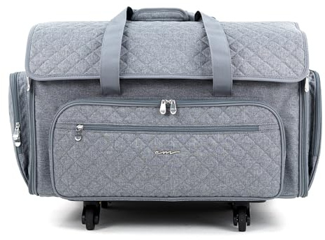 Everything Mary XXL Rolltasche für Nähmaschinen, Grau gesteppt, XXL, Erweiterbares Gepäckstück mit Spinnrädern