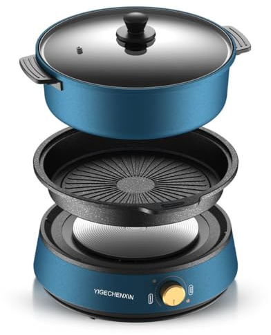 YIGECHENXIN Parrilla de Hot Pot Redonda Multifuncional 2 en 1, Sartén Eléctrica de Gran Capacidad, Configuración de Calor Ajustable, Fácil de Limpiar para 3-8 Personas