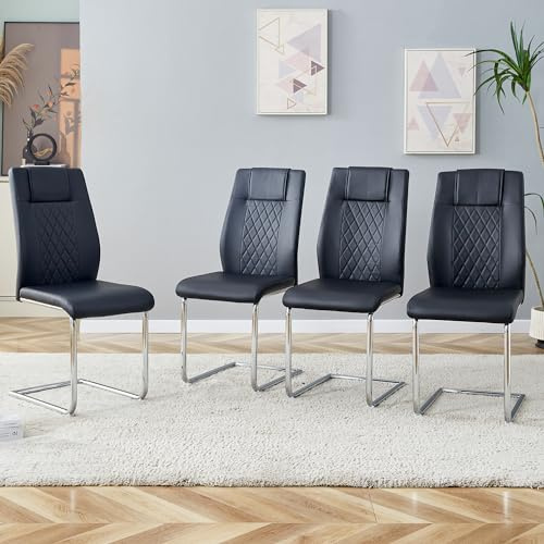Ligterra Juego de 4 sillas oscilantes, sillas de comedor de poliuretano y patas metálicas plateadas, silla de cocina con respaldo, diseño de costura de malla y pies antideslizantes, silla tapizada