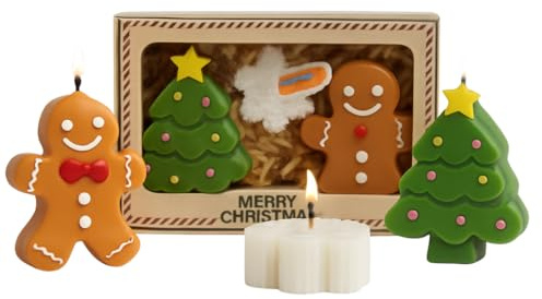 Set di candele natalizie, decorazione festiva con uomo di pan di zenzero, albero di Natale e fiocco di neve, 14,4 x 9,3 x 3 cm, candele decorative per Natale, grande profumo
