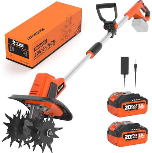 MAXLANDER 20V Cordless Tiller Cultivator, 9-Inch Electric Garden Tiller with 48 Steel Tines, 360RPM Battery Powered Rototiller for Gardening,2 x 3.0Ah Battery and Charger Included