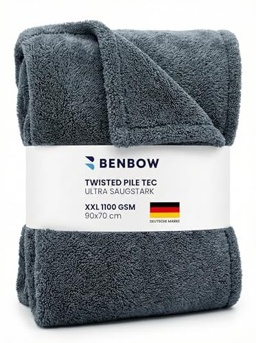BenBow Auto Trockentuch XXL - 1100 GSM - 90×70 cm – Ultra Saugstarkes Mikrofasertuch Auto, Autotrockentuch aus Mikrofaser, Abtrockentuch für Autopflege & schnelles Trocknen