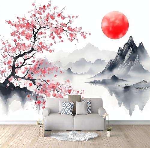 Carta da Parati Stile Giapponese 200x140 cm Fotomurale da Parete Fiori Di Ciliegio e Montagne Tessuto di Seta Carta Parati 3D Adesiva Muro Decorazione per Camera da Letto Soggiorno B-1585