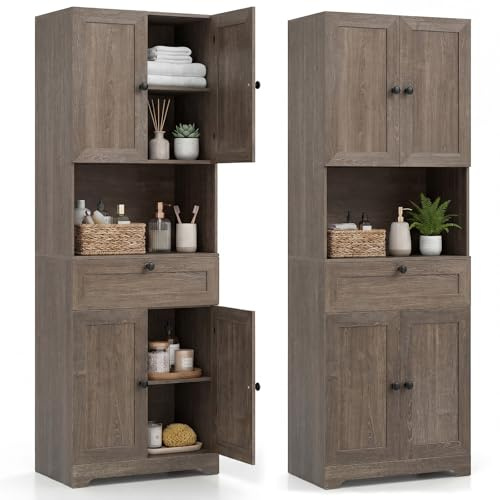 COSTWAY Armoire de Salle de Bains, Armoire Haute en Bois avec 4 Portes, 1 Tiroir, Compartiment Ouvert, Étagère Réglable, Meuble de Rangement Moderne pour Cuisine, Salon (Gris Vieilli)