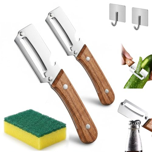 Premium Sparschäler mit Holzgriff & Flaschenöffner - Ergonomischer Gemüseschäler aus Edelstahl - Extra Scharfe Pendelklinge Ohne Verstopfen - Profi Kartoffelschäler für Küche & Camping (2 Stück)