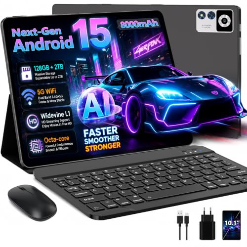 ZIOVO Tablet 10 Pollici Android 15,30GB RAM+128GB ROM(TF 1TB),5G WiFi Tablets,Octa-Core 2.0 GHz/Gemini AI/Widevine L1/8000 mAh/Bluetooth 5.0/GPS/Face ID/2 in 1 Tablet con Tastiera e Mouse-Nero
