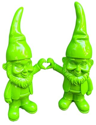 Aspinaworld Lot de 2 nains de jardin - 19 cm - Vert fluo - Figurine de jardin couple avec geste en forme de cœur pour entrée