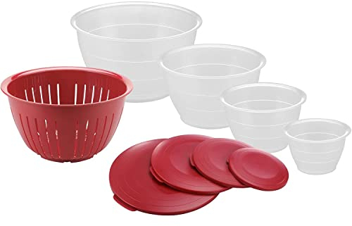 Westmark Schüssel-Set, 4 Schüsseln inkl. Deckeln und Sieb/Seiher, 9 teilig, Fassungsvermögen: 0,6/1,3/2,5/4,4 Liter, Kunststoff, BPA-frei, Olympia, Farbe: Transparent/Rot, 2420226R