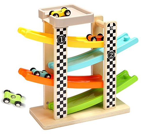 Toddler Toys for 1 2 Year Old Boy and Girl Gifts Wooden Race Track Car Ramp Racer with 4 Mini Car