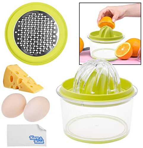 Citrus Juicer with Pulp Filter, Fruit/Vegetable/Chocolate Grater, Measuring Bowl, Egg Yolk Separator - Space Saving Design - Non Slip Silicone Bottom - Dishwasher Safe - No Electricity, No Noise