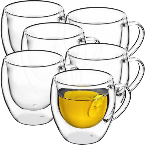 Set di 6 Cadax a Doppia Tazza di Vetro meritata, 250 ml, Bicchiere con Ampia Presa, Bicchiere da Bere per Succo, tè, caffè, Cappuccino, Acqua, tè Freddo, Ghiaccio, Vetro Universale, Bicchiere