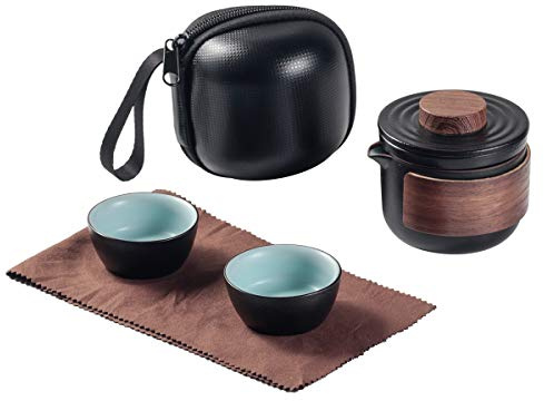 Mini tetera de cerámica de viaje, tetera china de Kung Fu, 1 olla, 2 tazas, tazas de té de porcelana con infusor de té, bolsa portátil para picnic al aire libre (negro)