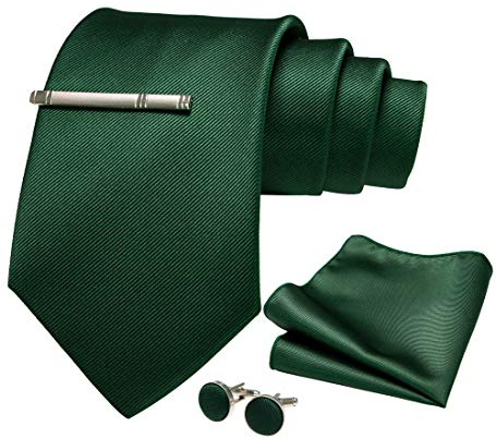 JEMYGINS 9cm Breit Extra lang Krawatte Herren Dunkelgrün in Seide Geeigneter Hochzeit Fest und Einstecktuch Krawattenklammer Set(1)
