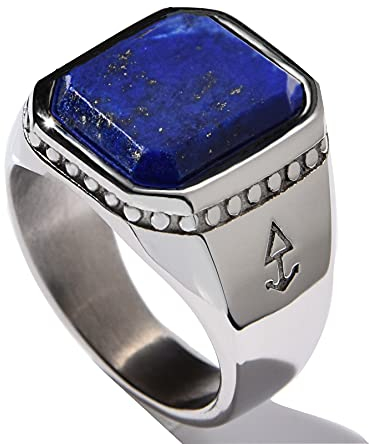 Rock and Steel Herren Ring Siegelring mit Lapis Lazuli Stein, Edelstahl (Silber, 66 (21.0 mm))