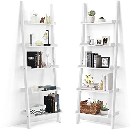 RELAX4LIFE 5-stufiges Leiterregal, Standregal aus Holz, schräges Wandregal, Jede Ebene bis zu 3 kg belastbar, Bücherregal lackiert & wasswerdicht, Wandlehnregal für Bad Wohnzimmer Küche (Weiß)