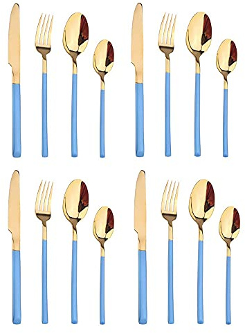 Lot De 16 Couverts En Acier Inoxydable 18/8 : Couteau De Table, Fourchette, CuillÈRe De Table, CuillÈRe À ThÉ, Peut ÊTre UtilisÉ Par 4 Personnes, Poli Miroir, (Bleu DorÉ)