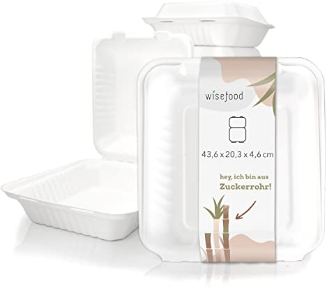 wisefood Zuckerrohr Einweg Schalen - 50 Stück Bagasse Menüboxen weiß - Lunchboxen mit Klappdeckel ideal für Takeaway - Biologisch abbaubares Zuckerrohr Geschirr ohne PLA/PE 43,6x20,3x4,7 cm